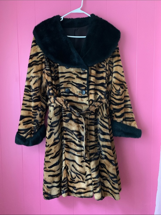 Sears Jackets & Blazers - Vintage Faux Fur Tiger-Print Trench Coat with Black Faux Fur Trim 1950s